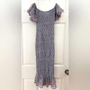 NWT Blossom smocked Bodycon off the shoulder Midi Dress blue pink floral
